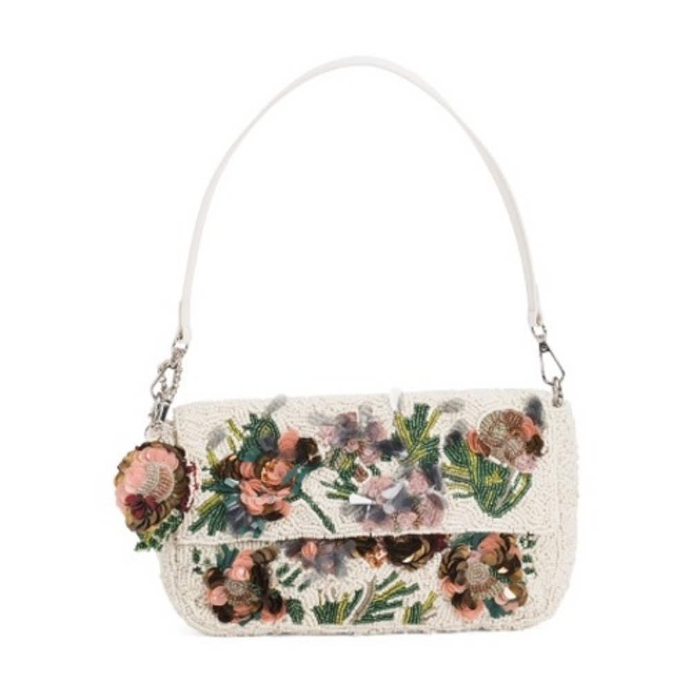 NWT Made in India Beaded 3D Floral Sequin Shoulder Bag Clutch White Pink Green